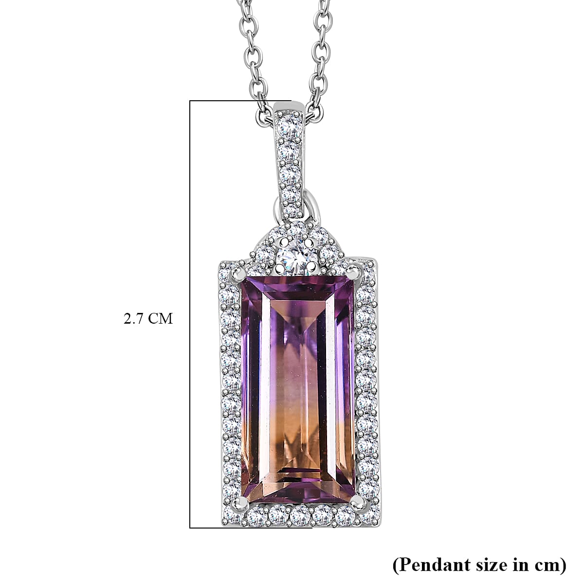 Ametrine & White Zircon Pendant with Chain (Size 20) in Rhodium Overlay Sterling Silver 4.93 Ct, Silver Wt. 5.54 Gms.