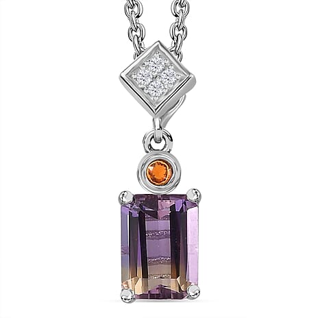 Ametrine, Natural Zircon & Fire Opal Pendant with Chain (Size 20) in Rhodium Overlay Sterling Silver 1.70 Ct