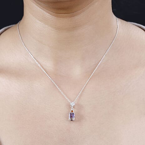 Ametrine, Natural Zircon & Fire Opal Pendant with Chain (Size 20) in Rhodium Overlay Sterling Silver 1.70 Ct