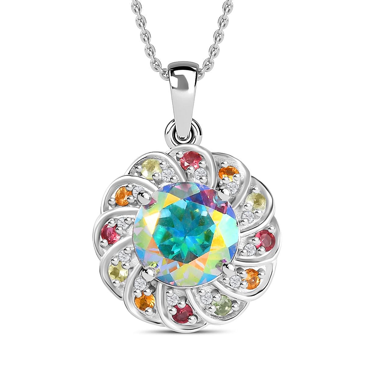 Mercury Mystic Topaz, Multi-Tourmaline & Natural Zircon Pendant with Chain (Size 20) in Rhodium Overlay Sterling Silver 5.20 Ct, Silver Wt. 5.40 Gms