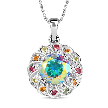 Mercury Mystic Topaz, Multi-Tourmaline and Natural Zircon Floral Pendant with Chain (Size 20) in Rhodium Overlay Sterling Silver 5.20 Ct, Silver Wt. 5.40 Gms