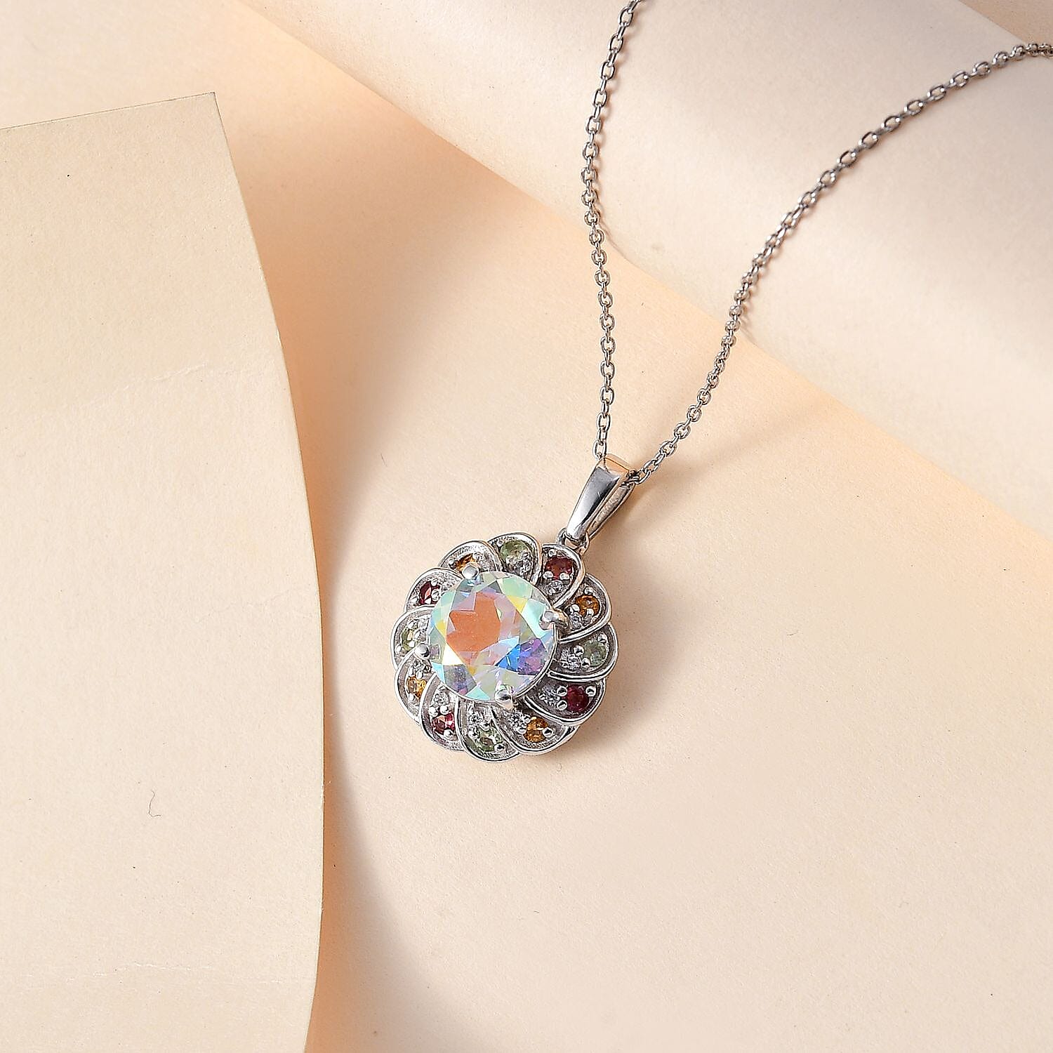 Mercury Mystic Topaz, Multi-Tourmaline & Natural Zircon Pendant with Chain (Size 20) in Rhodium Overlay Sterling Silver 5.20 Ct, Silver Wt. 5.40 Gms