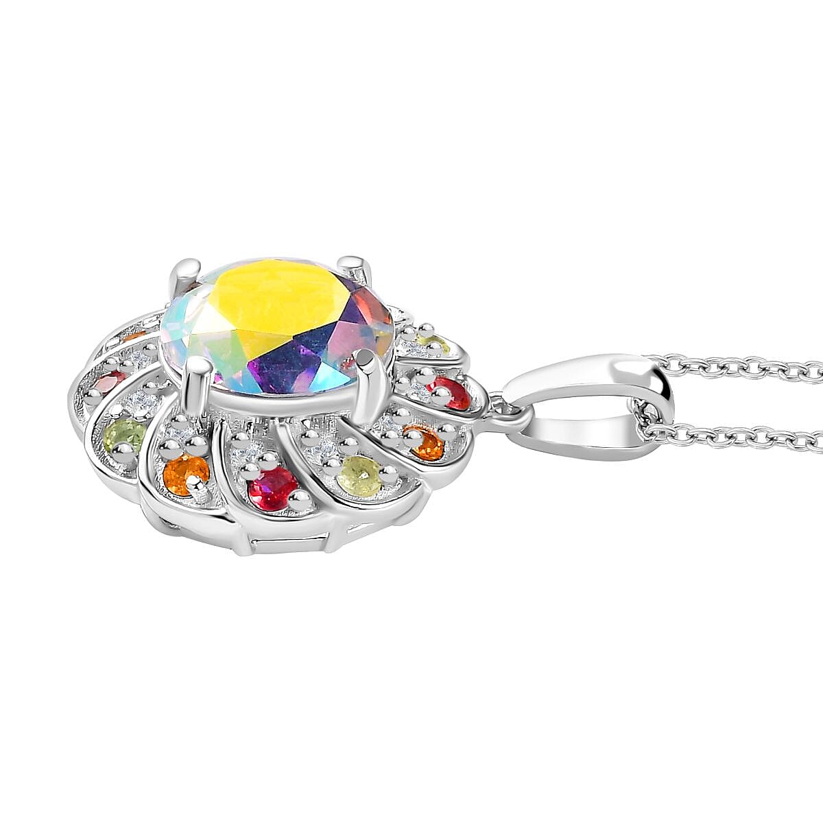 Mercury Mystic Topaz, Multi-Tourmaline & Natural Zircon Pendant with Chain (Size 20) in Rhodium Overlay Sterling Silver 5.20 Ct, Silver Wt. 5.40 Gms