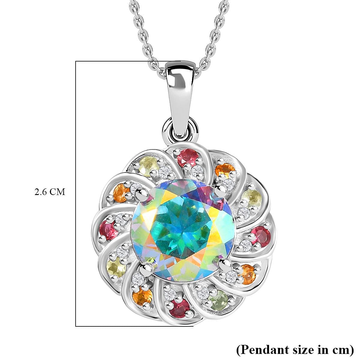 Mercury Mystic Topaz, Multi-Tourmaline & Natural Zircon Pendant with Chain (Size 20) in Rhodium Overlay Sterling Silver 5.20 Ct, Silver Wt. 5.40 Gms