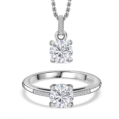 2 Piece Set - Moissanite Ring & Pendant with Chain (Size 20) in Rhodium Overlay Sterling Silver 1.78 Ct,