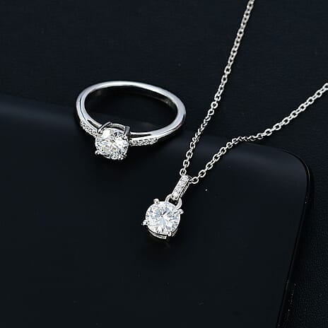 2 Piece Set - Moissanite Ring & Pendant with Chain (Size 20) in Rhodium Overlay Sterling Silver 1.78 Ct,
