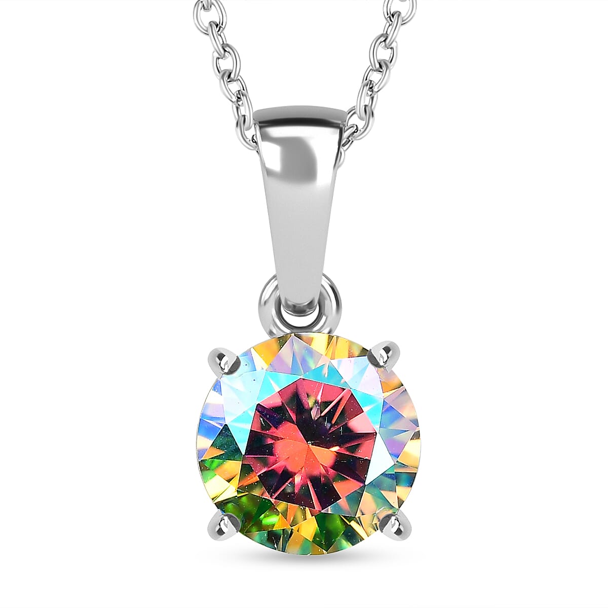 Dichroic Luminous Moissanite Pendant with Chain (Size 20) in Rhodium Overlay Sterling Silver 1.80 Ct.