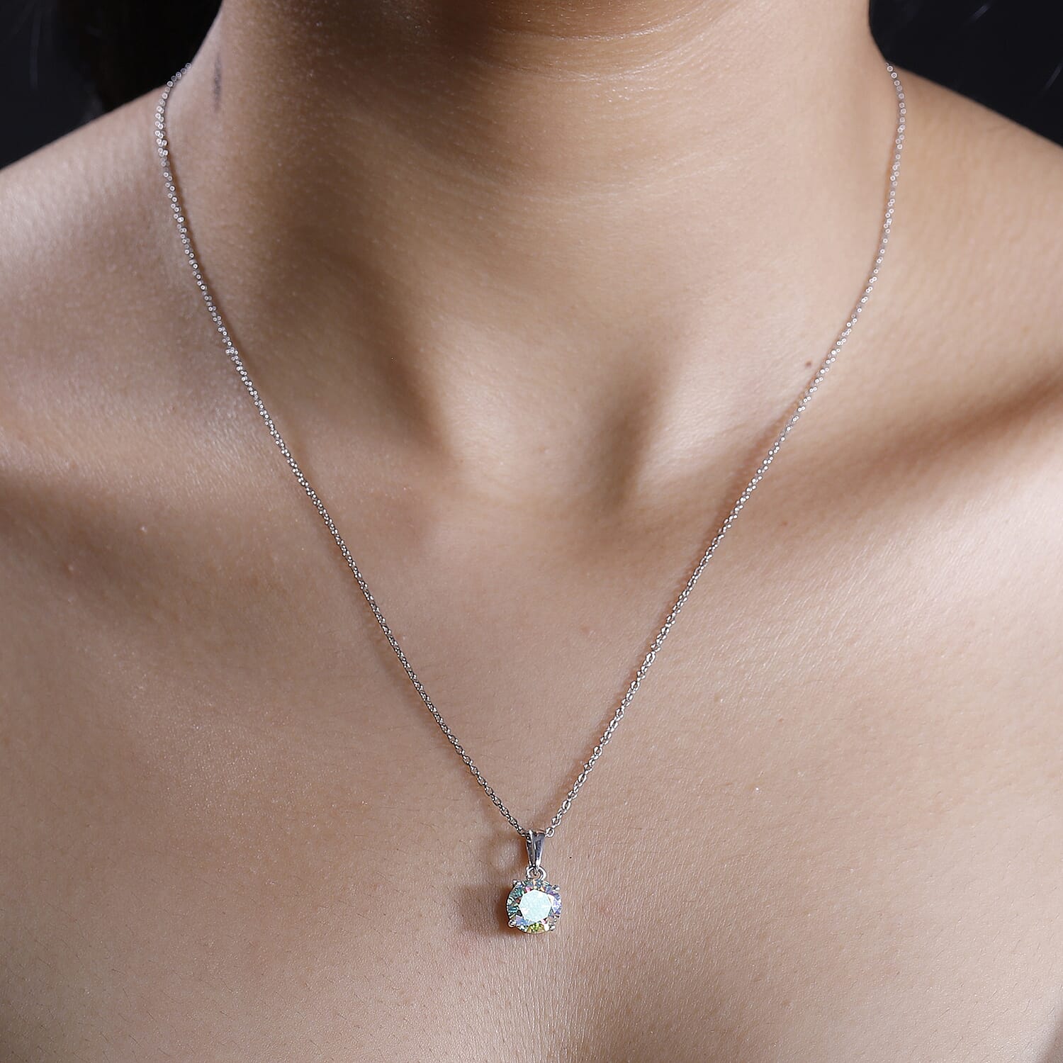 Dichroic Luminous Moissanite Pendant with Chain (Size 20) in Rhodium Overlay Sterling Silver 1.80 Ct.
