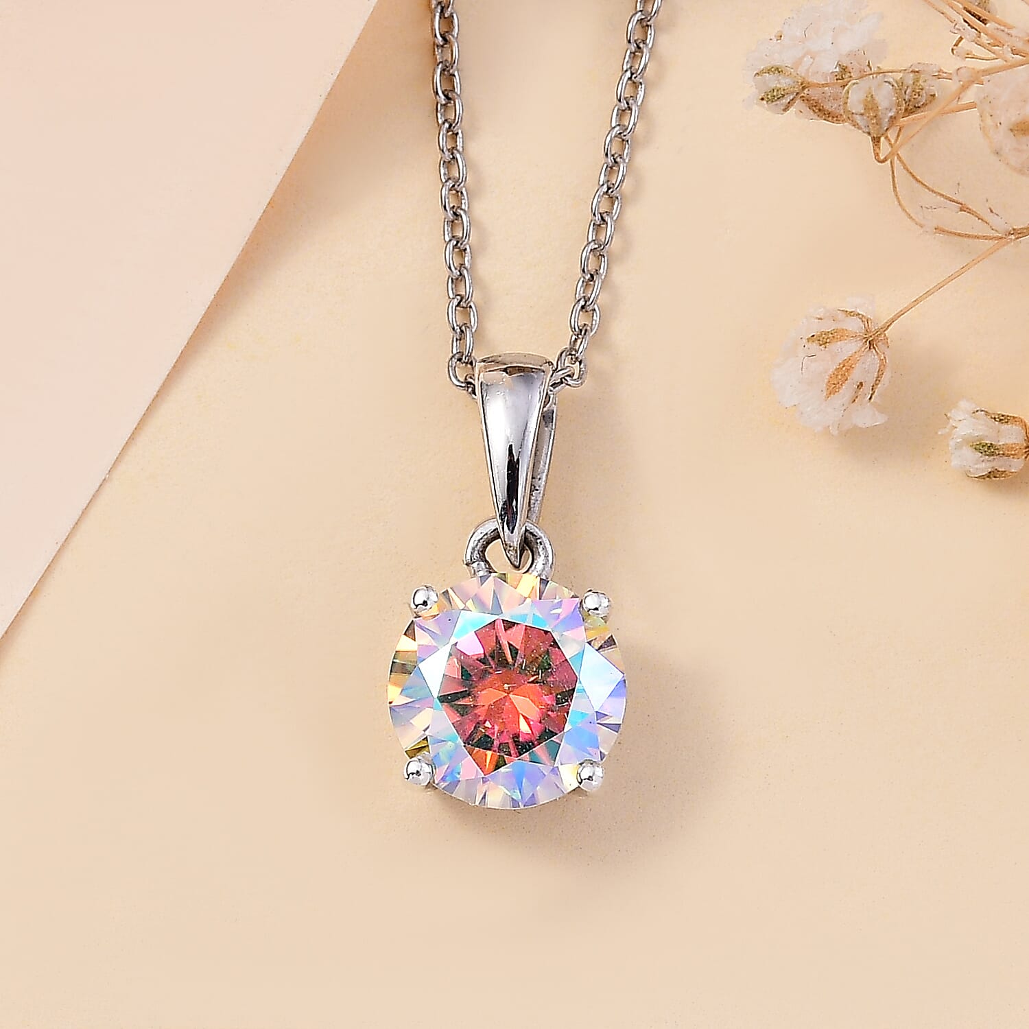 Dichroic Luminous Moissanite Pendant with Chain (Size 20) in Rhodium Overlay Sterling Silver 1.80 Ct.