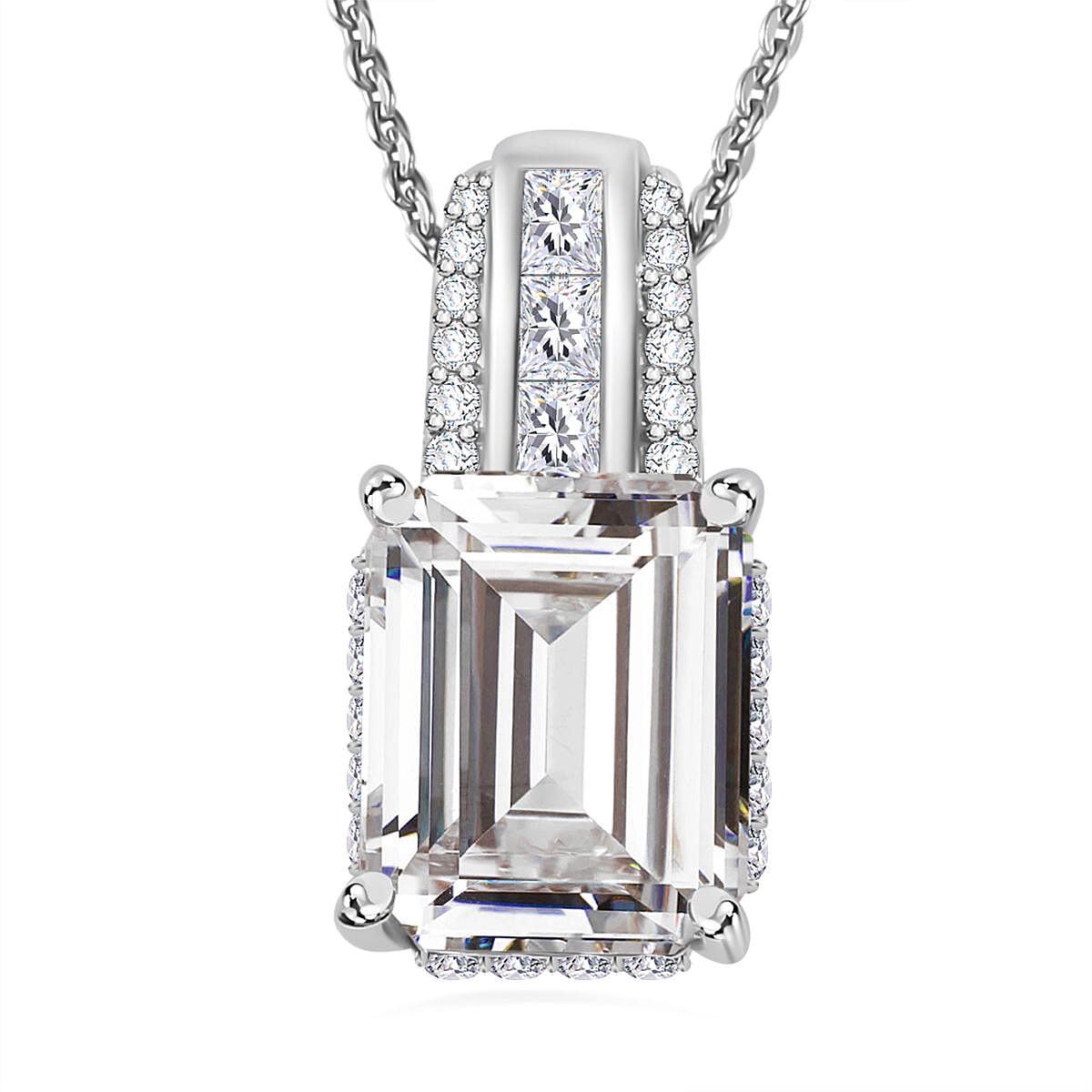 Moissanite Emerald Cut Pendant with Chain (Size 20) in Platinum Overlay Sterling Silver 4.25 Ct.