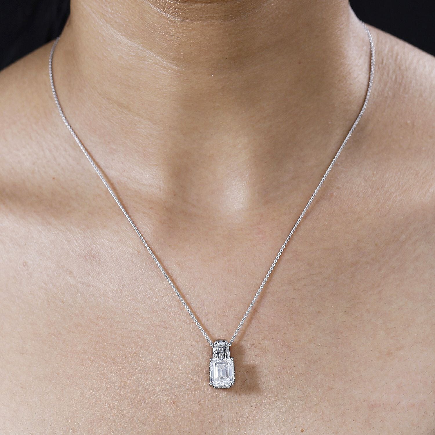 Moissanite Emerald Cut Pendant with Chain (Size 20) in Platinum Overlay Sterling Silver 4.25 Ct.