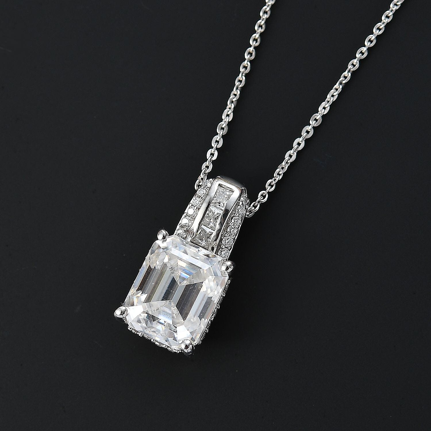 Moissanite Emerald Cut Pendant with Chain (Size 20) in Platinum Overlay Sterling Silver 4.25 Ct.