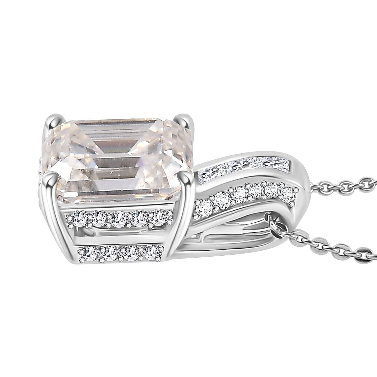 Moissanite Emerald Cut Pendant with Chain (Size 20) in Platinum Overlay Sterling Silver 4.25 Ct.