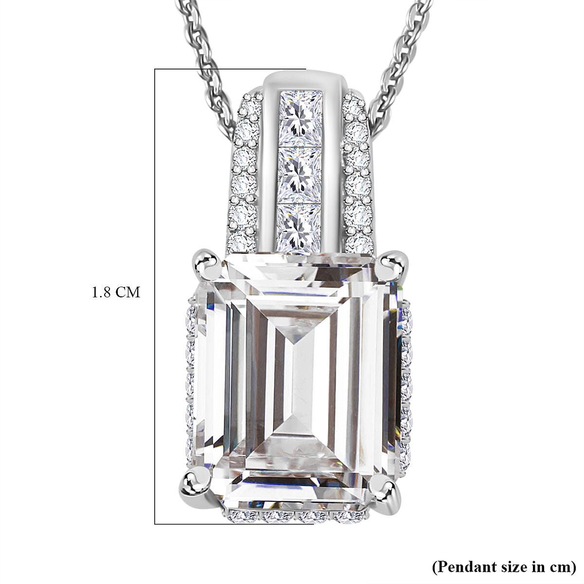 Moissanite Emerald Cut Pendant with Chain (Size 20) in Platinum Overlay Sterling Silver 4.25 Ct.