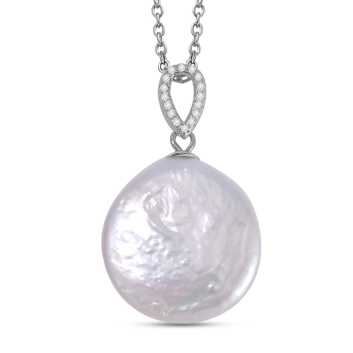 White Keshi Pearl & Natural Zircon Pendant with Chain (Size 18) in Rhodium Overlay Sterling Silver 15.95 Ct.