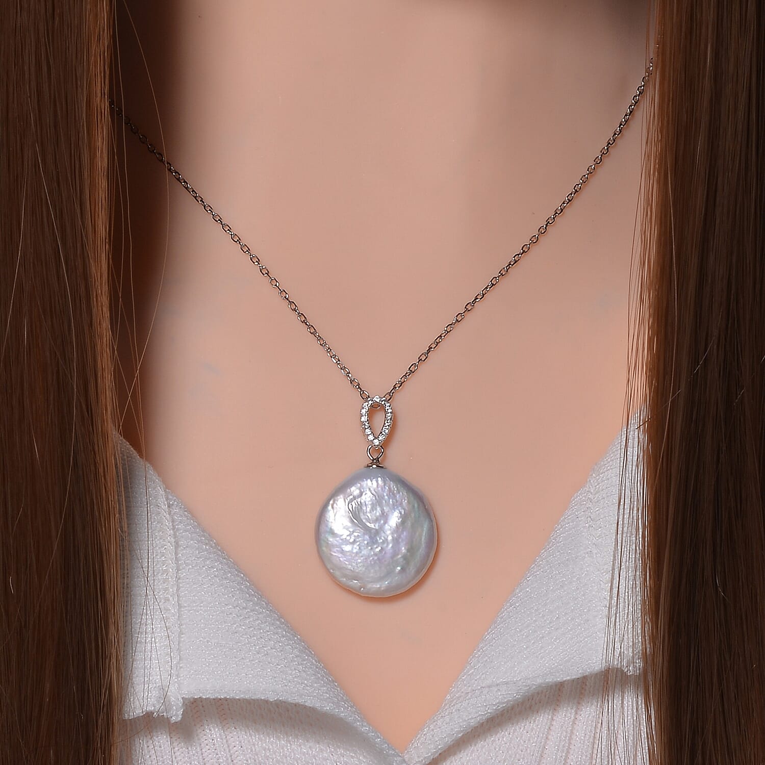 White Keshi Pearl & Natural Zircon Pendant with Chain (Size 18) in Rhodium Overlay Sterling Silver 15.95 Ct.