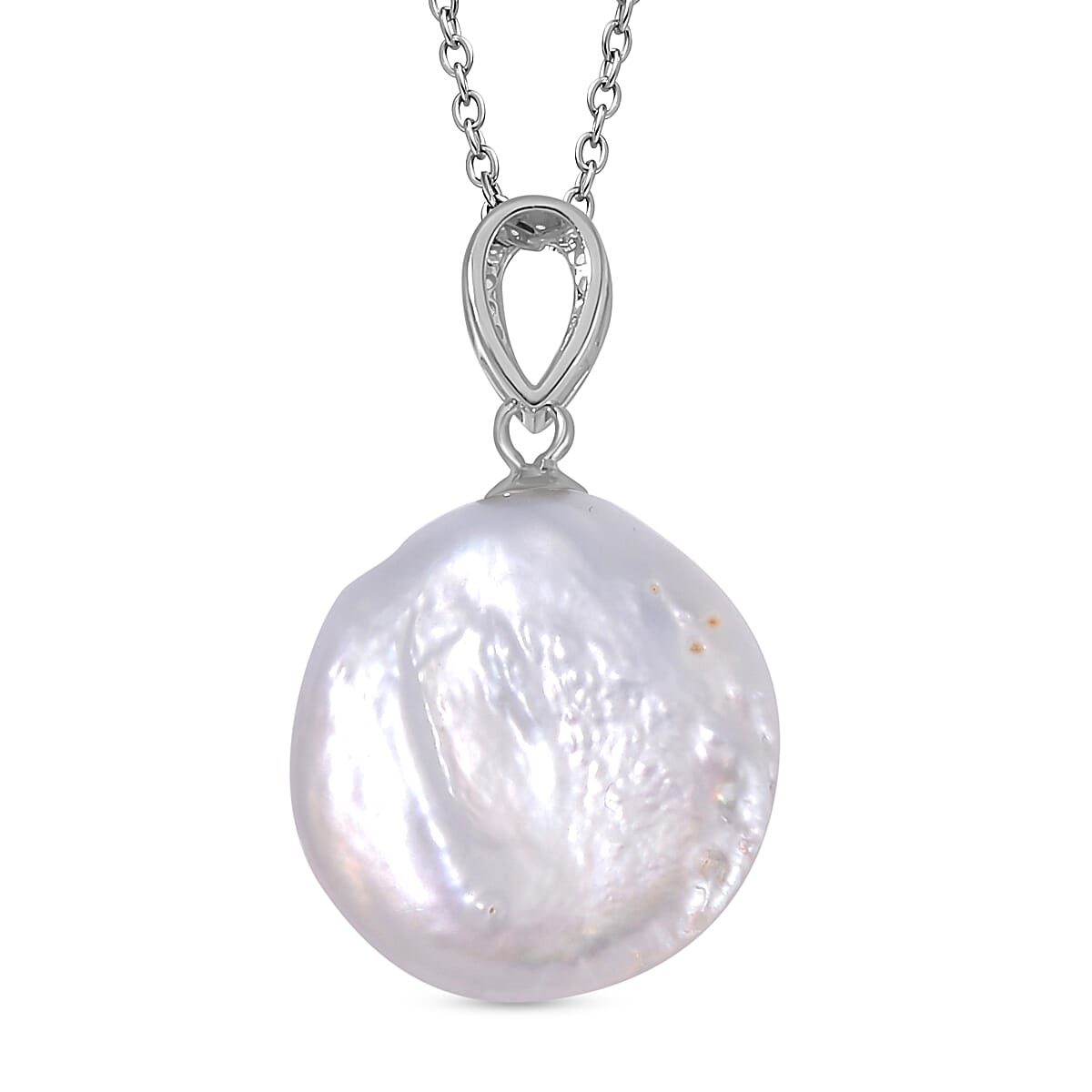 White Keshi Pearl & Natural Zircon Pendant with Chain (Size 18) in Rhodium Overlay Sterling Silver 15.95 Ct.