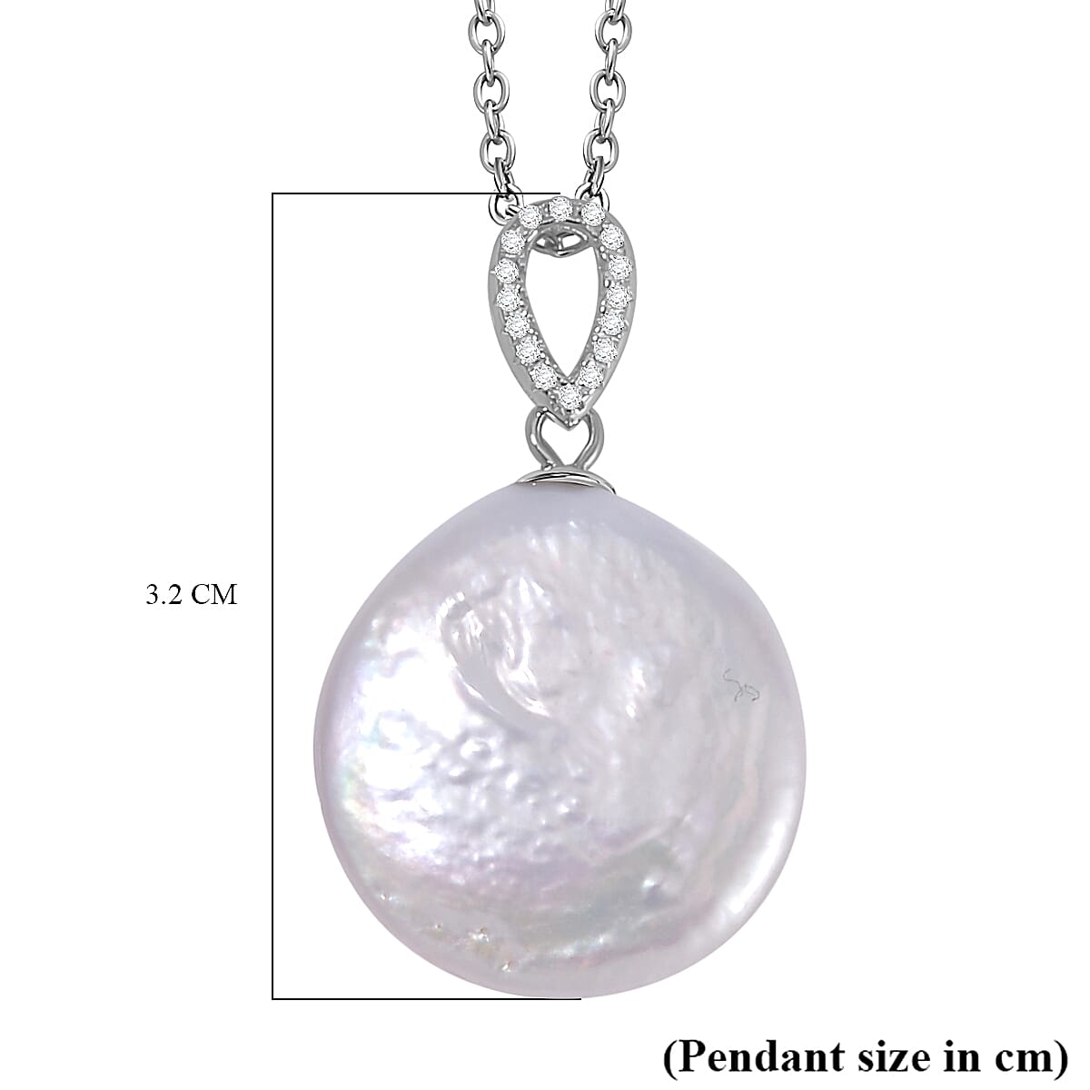 White Keshi Pearl & Natural Zircon Pendant with Chain (Size 18) in Rhodium Overlay Sterling Silver 15.95 Ct.