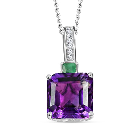 Moroccan Amethyst, Emerald & Moissanite Pendant with Chain (Size 20) in Rhodium Overlay Sterling Silver 4.90 Ct.