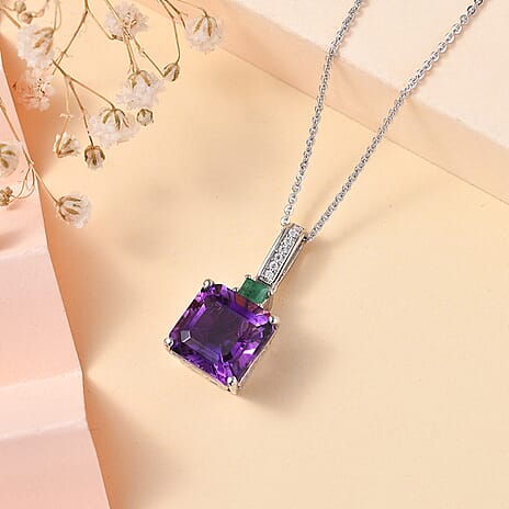 Moroccan Amethyst, Emerald & Moissanite Pendant with Chain (Size 20) in Rhodium Overlay Sterling Silver 4.90 Ct.