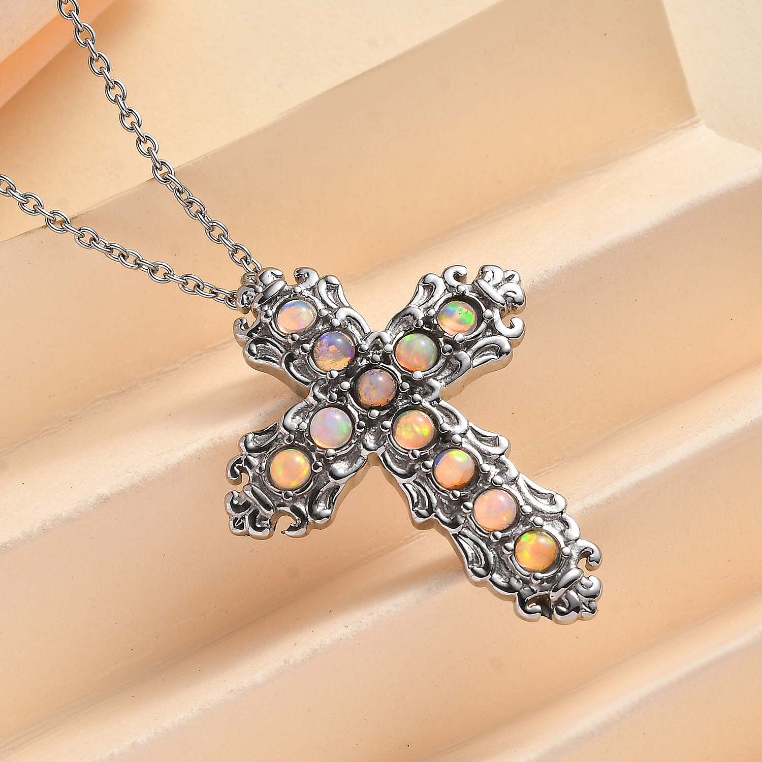 Ethiopian Welo Opal Cross Pendant with Chain (Size 20) 1.21 Ct.