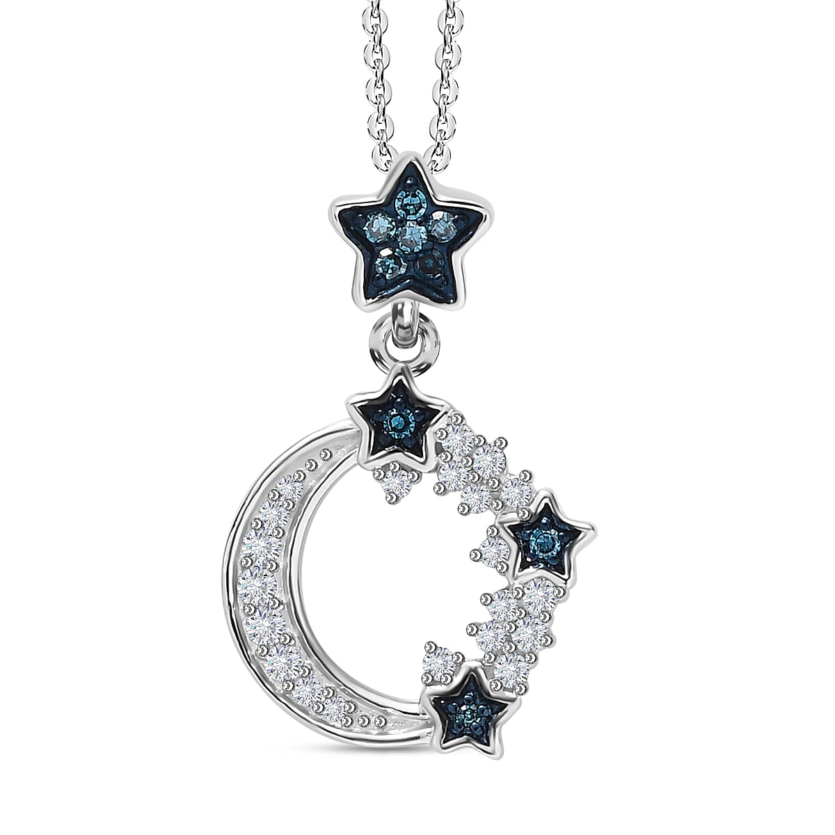 White Diamond, Blue Diamond, Blue Sapphire Star-Moon Pendant with Chain  (Size 20) in Rhodium Overlay Sterling Silver 0.202 Ct.