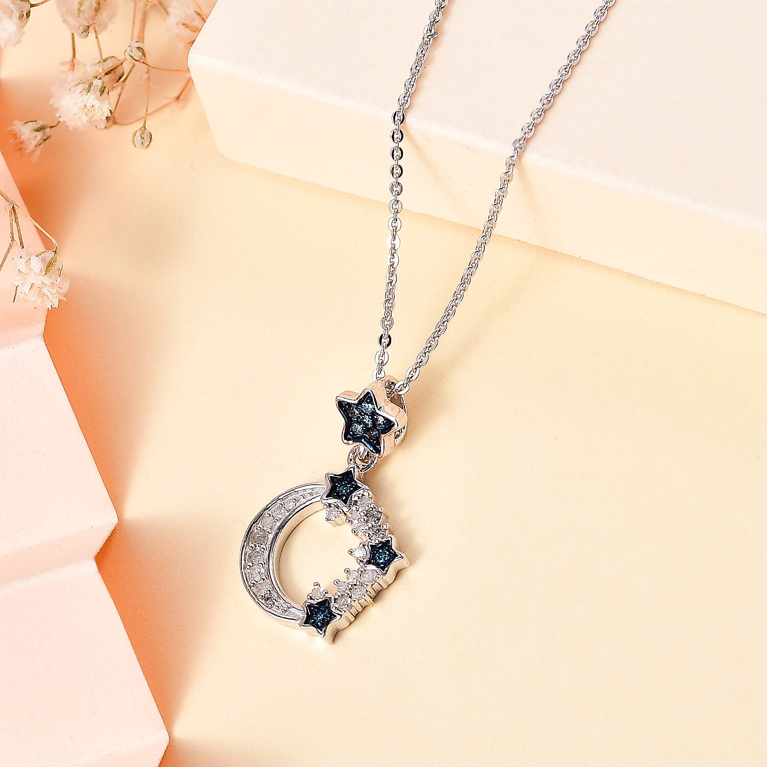 White Diamond  Blue Diamond  Blue Sapphire Pendant with Chain (Size 20) in Rhodium Overlay Sterling Silver 0.19 ct  0.202  Ct.
