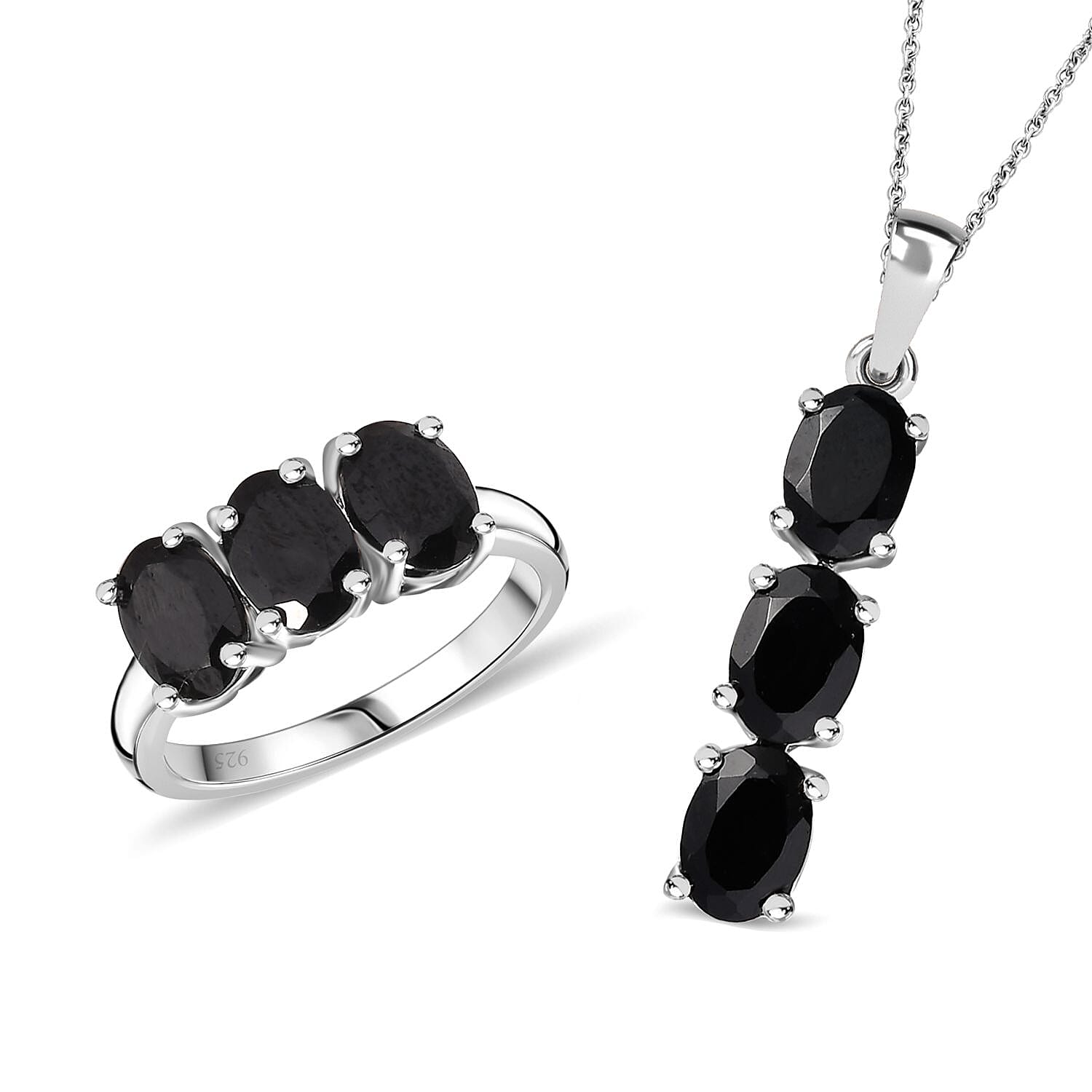 2 Piece Set - Black Spinel Ring and Pendant with Chain in Rhodium Overlay Sterling Silver