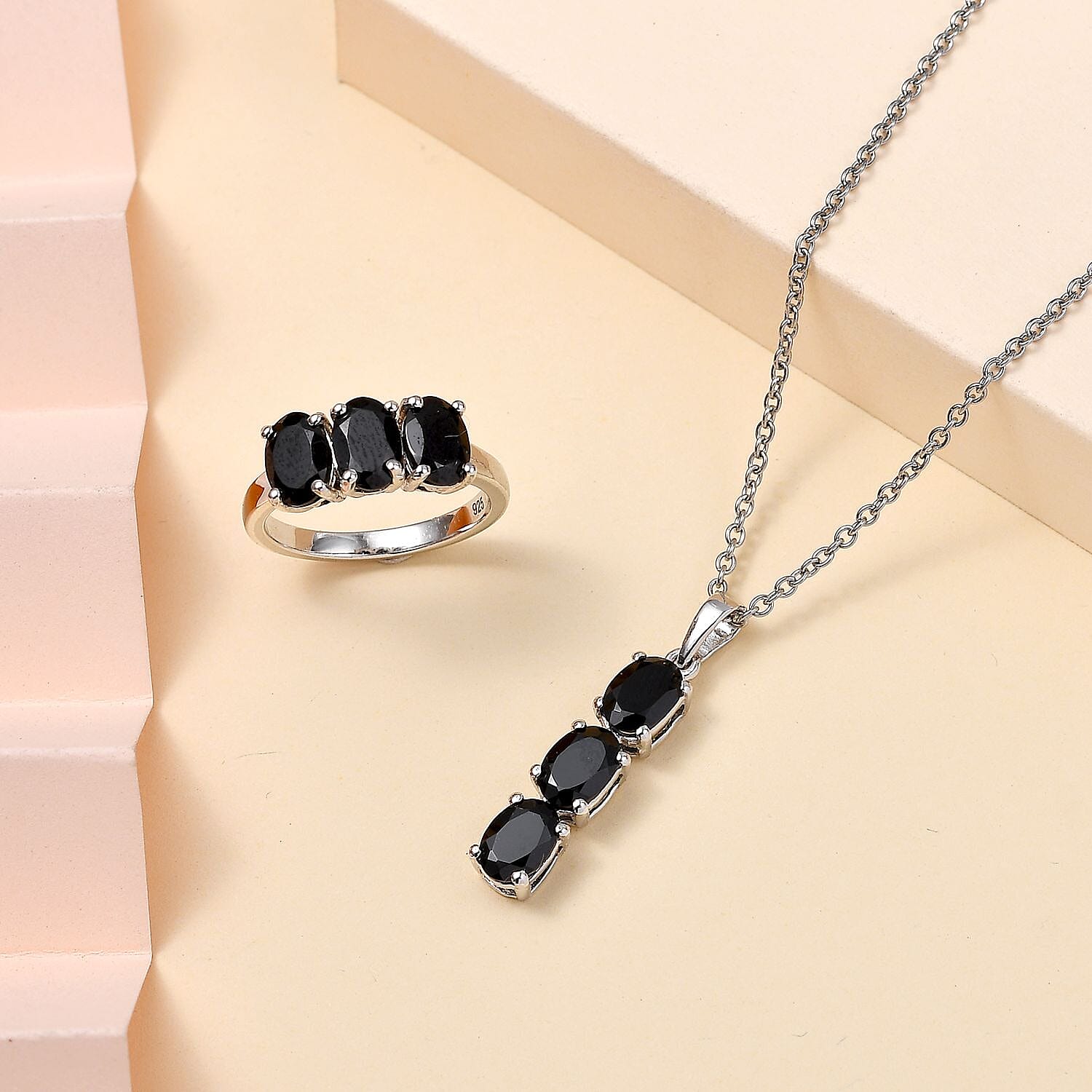 2 Piece Set - Black Spinel Ring and Pendant with Chain in Rhodium Overlay Sterling Silver