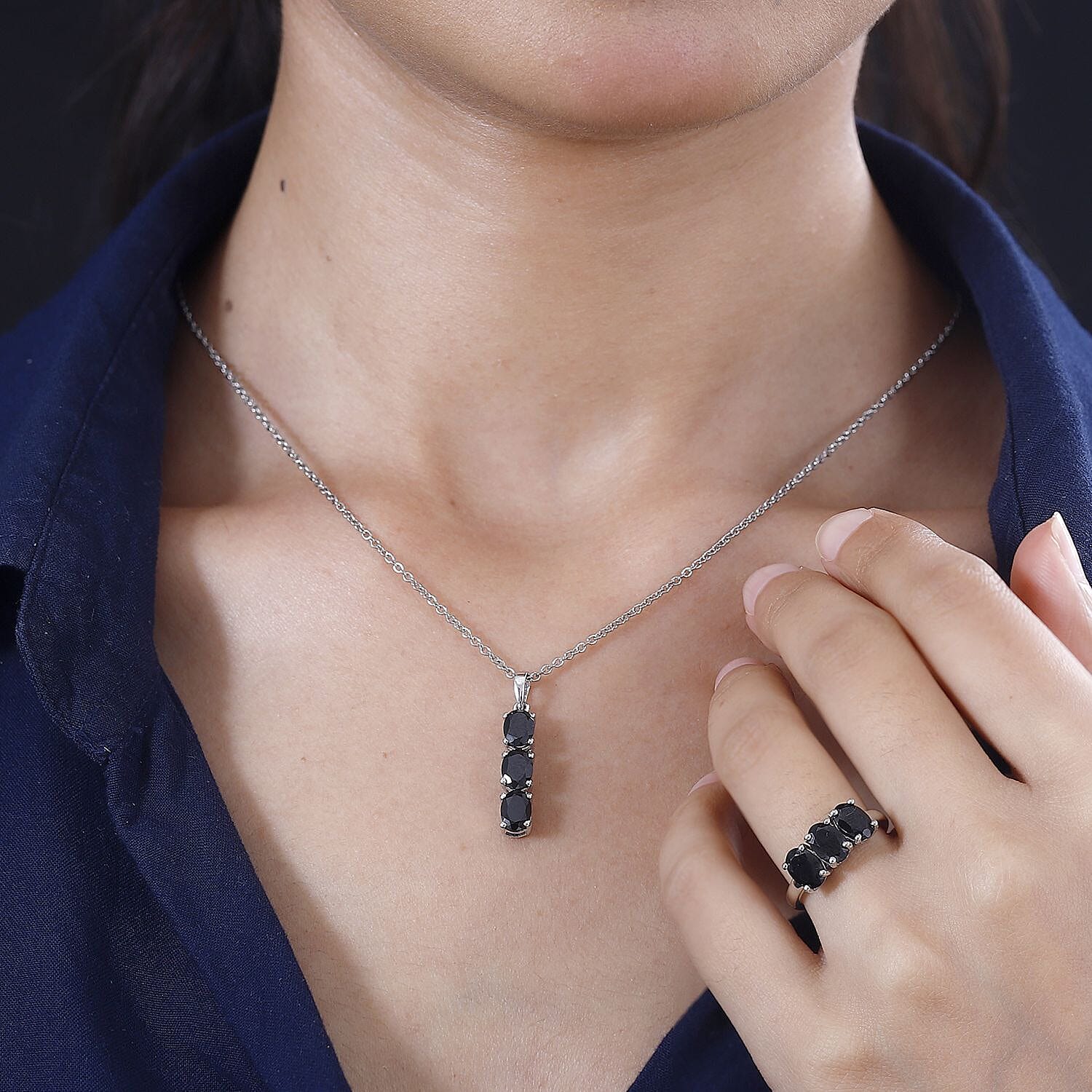 2 Piece Set - Black Spinel Ring and Pendant with Chain in Rhodium Overlay Sterling Silver