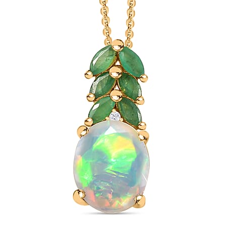 Ethiopian Welo Opal, Zambian Emerald & Natural Zircon Pendant with Chain (Size 20) in 18K Vermeil Yellow Gold Plated Sterling Silver 2.20 Ct.