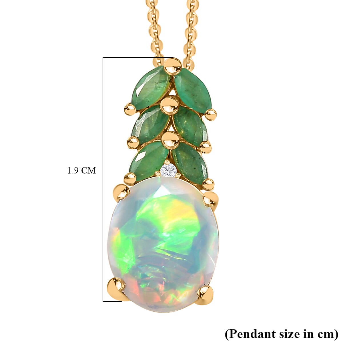 Ethiopian Welo Opal, Zambian Emerald and Natural Zircon Pendant with Chain (Size 20) in 18K Vermeil Yellow Gold Plated Sterling Silver 2.20 Ct. Ethiopian Welo Opal, Zambian Emerald and Natural Zircon Pendant with Chain (Size 20) in 18K Vermeil Yellow Gold Plated Sterling Silver 2.20 Ct.