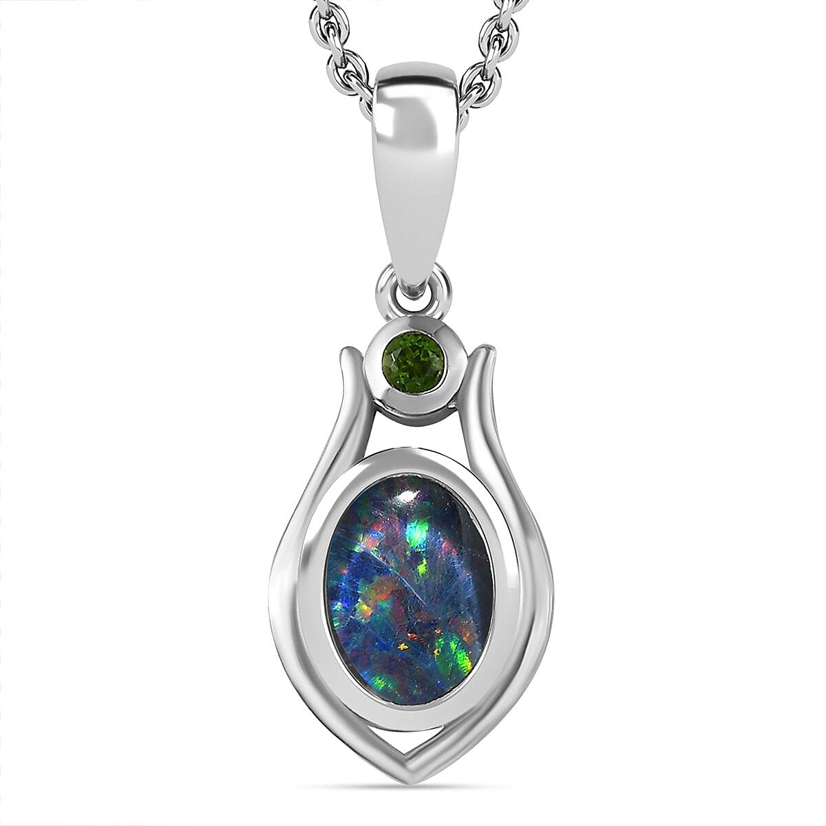 Boulder Opal, Natural Chrome Diopside Pendant with Chain (Size 20) in Rhodium Overlay Sterling Silver 1.040  Ct.