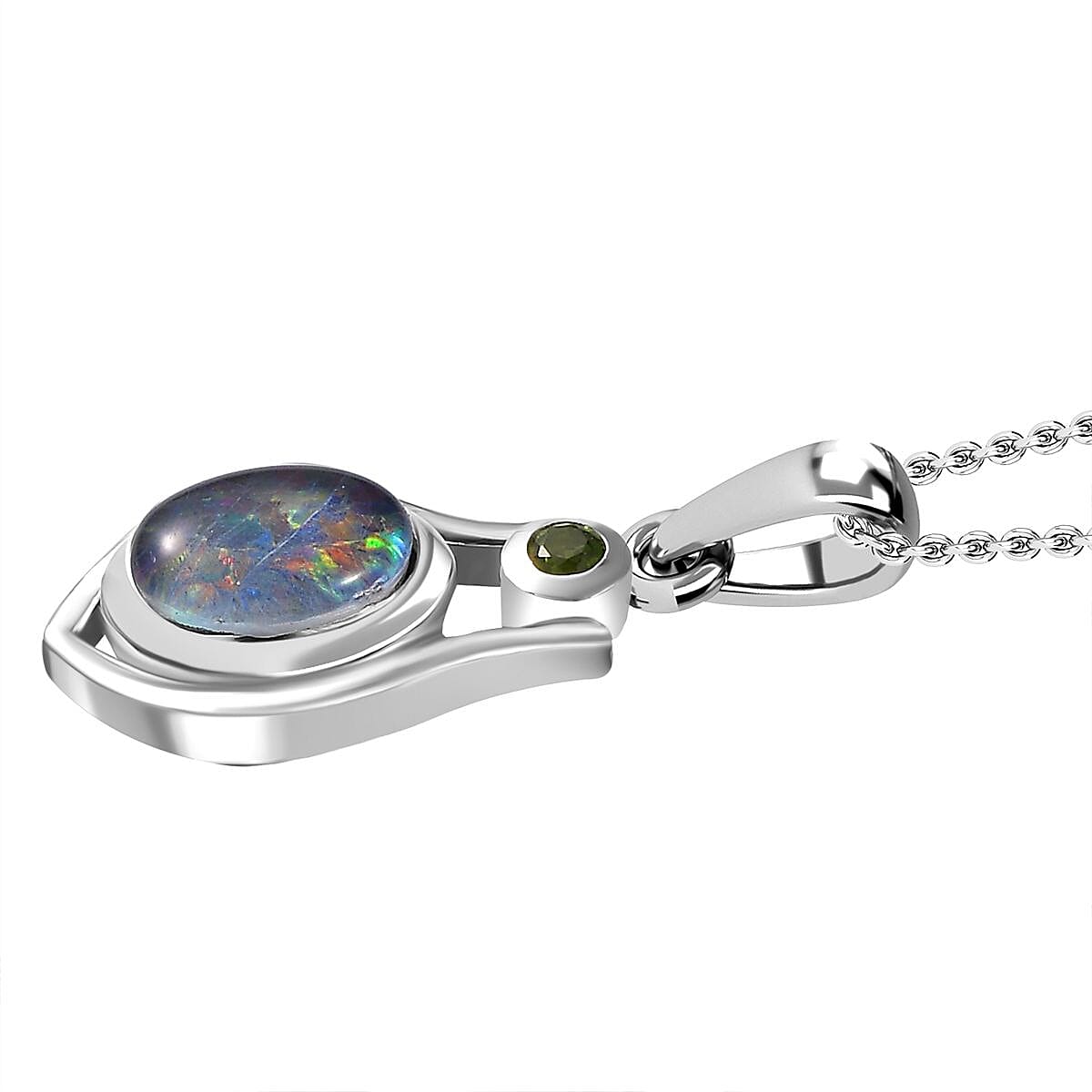 Boulder Opal, Natural Chrome Diopside Pendant with Chain (Size 20) in Rhodium Overlay Sterling Silver 1.040  Ct.