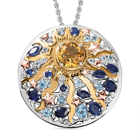 Citrine,  Masoala Sapphire,  Blue Topaz,  White Zircon,  Blue Sapphire Pendant with Chain (Size 20) in Platinum Overlay Sterling Silver 2.51 ct  Silver Wt. 7.4 Gms  3.810  Ct.