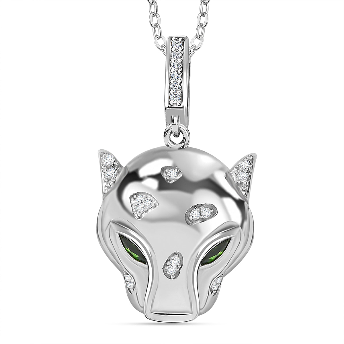 GP Tiger Totem Collection - Moissanite & Chrome Diopside Puma Pendant with Chain (Size 20) in Rhodium Overlay Sterling Silver