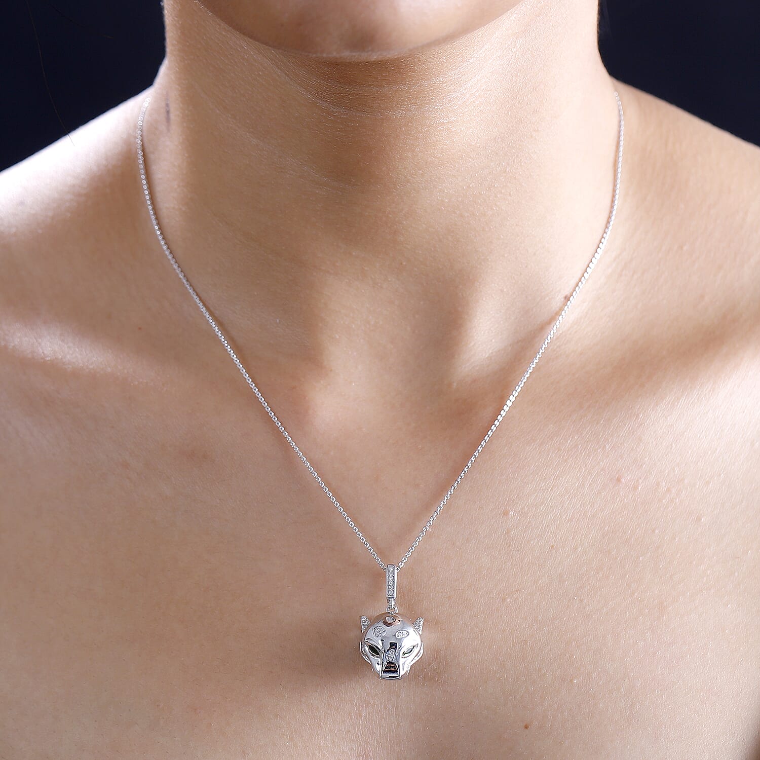 GP Tiger Totem Collection - Moissanite & Chrome Diopside Puma Pendant with Chain (Size 20) in Rhodium Overlay Sterling Silver