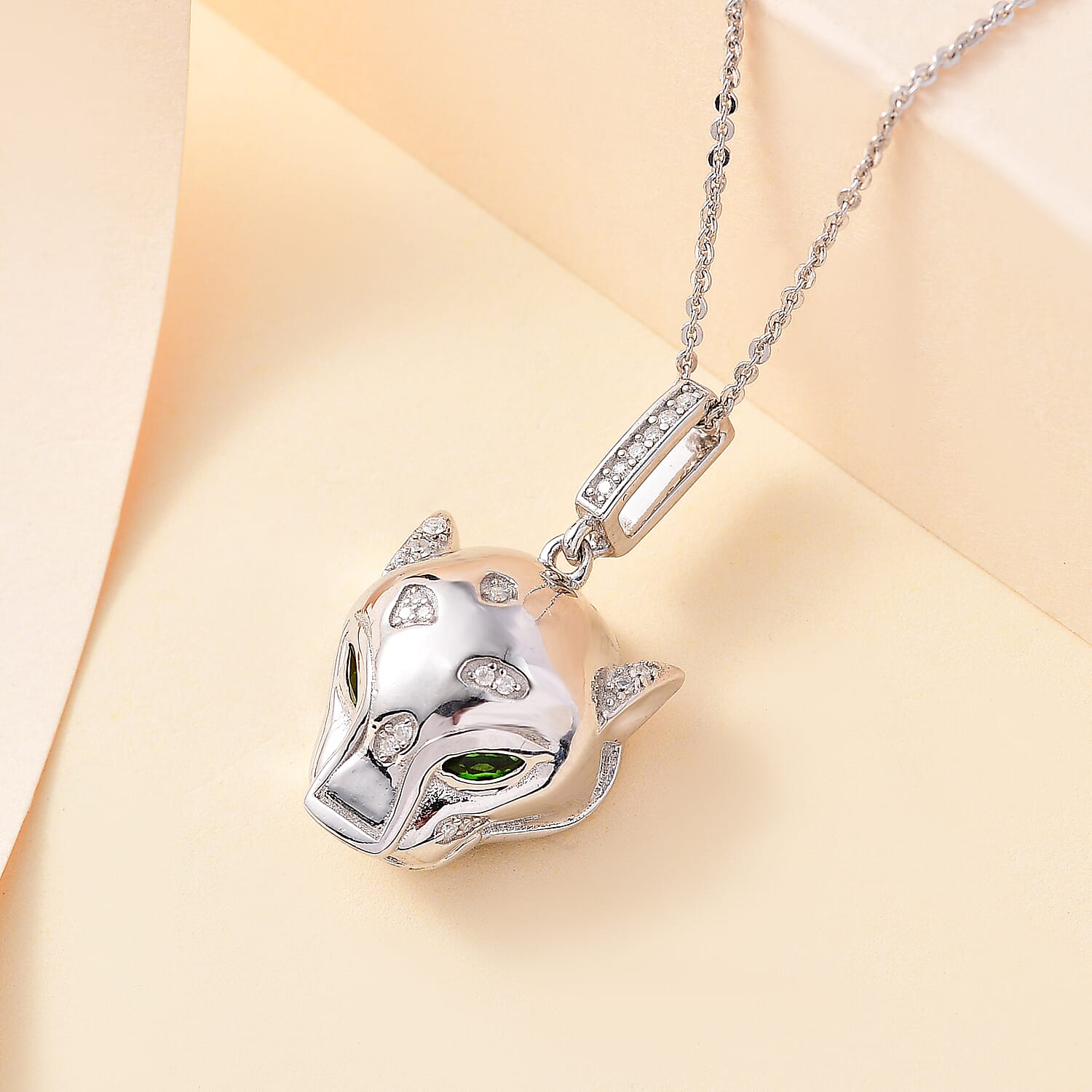 GP Tiger Totem Collection - Moissanite & Chrome Diopside Puma Pendant with Chain (Size 20) in Rhodium Overlay Sterling Silver