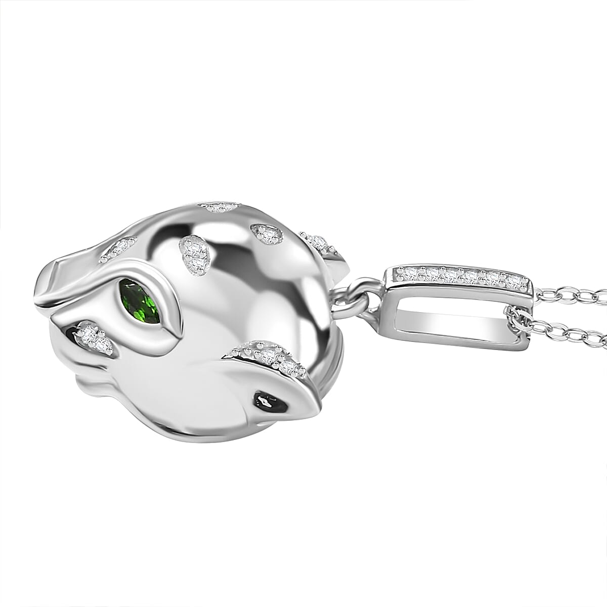 GP Tiger Totem Collection - Moissanite & Chrome Diopside Puma Pendant with Chain (Size 20) in Rhodium Overlay Sterling Silver