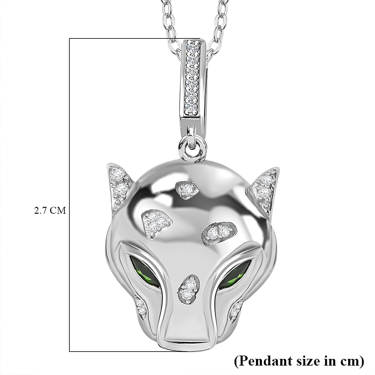 GP Tiger Totem Collection - Moissanite & Chrome Diopside Puma Pendant with Chain (Size 20) in Rhodium Overlay Sterling Silver