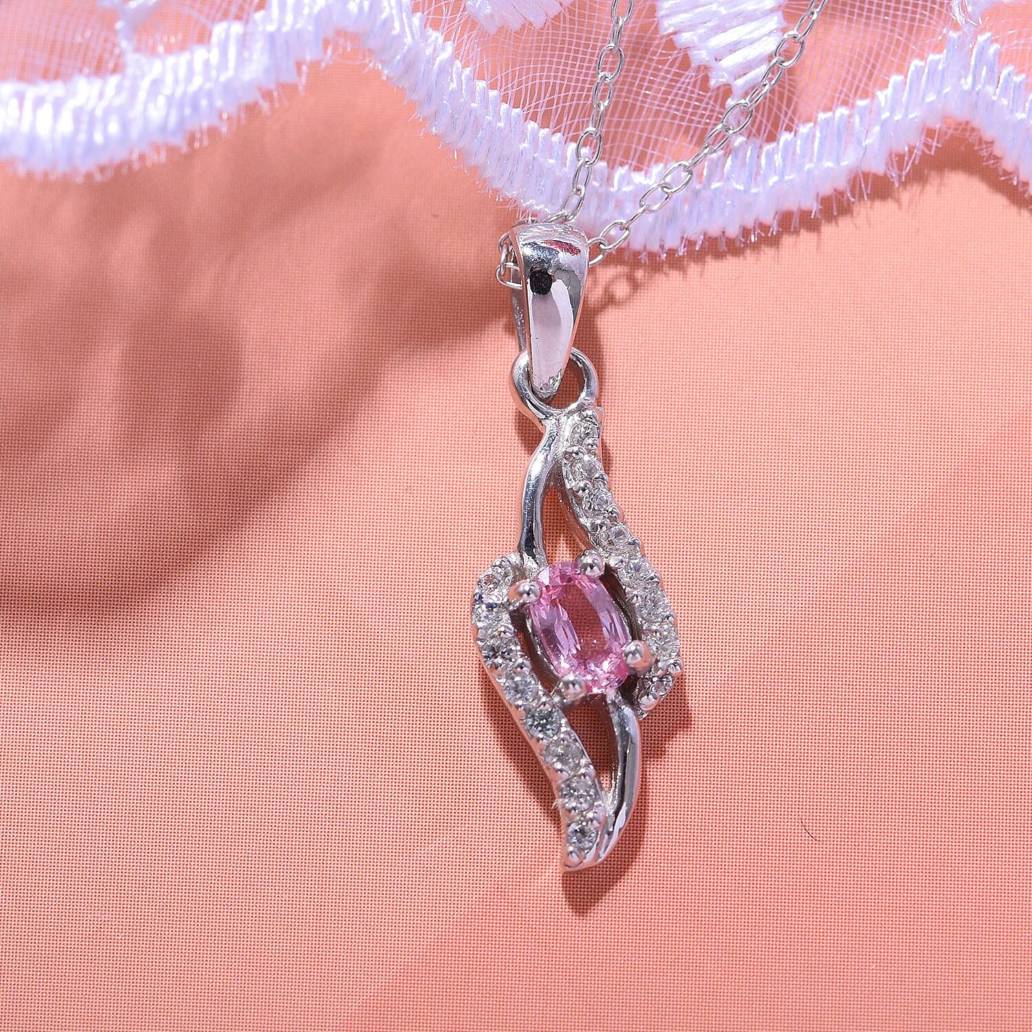 Madagaskar Pink Sapphire & Natural Zircon Drop Pendant with Chain (Size 20) in Rhodium Overlay Sterling Silver