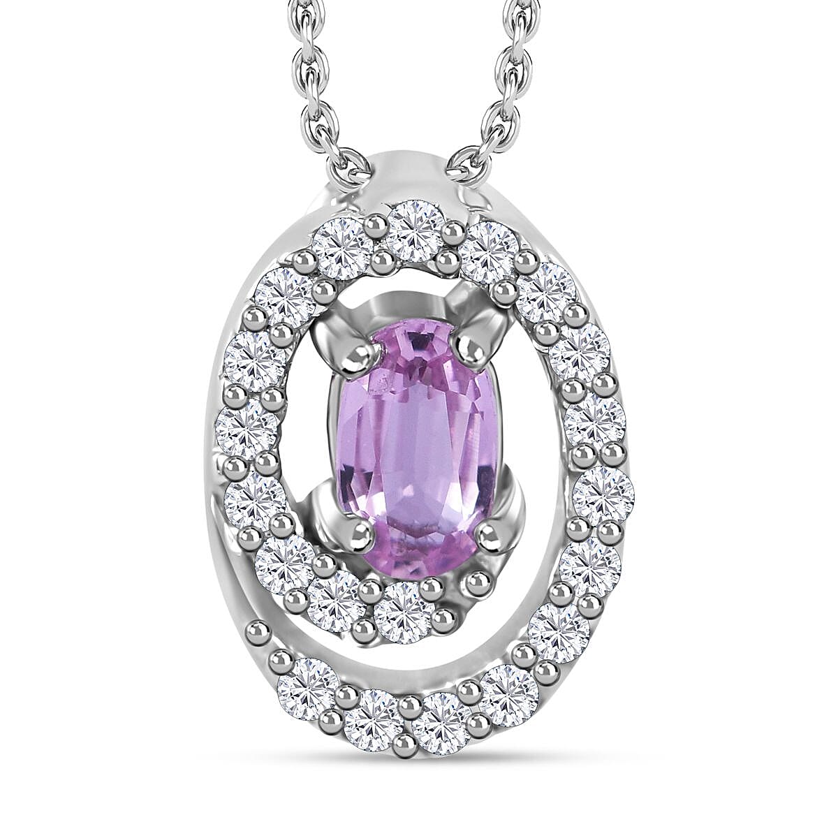Madagaskar Pink Sapphire & Natural Zircon Pendant with Chain (Size 20) in Rhodium Overlay Sterling Silver