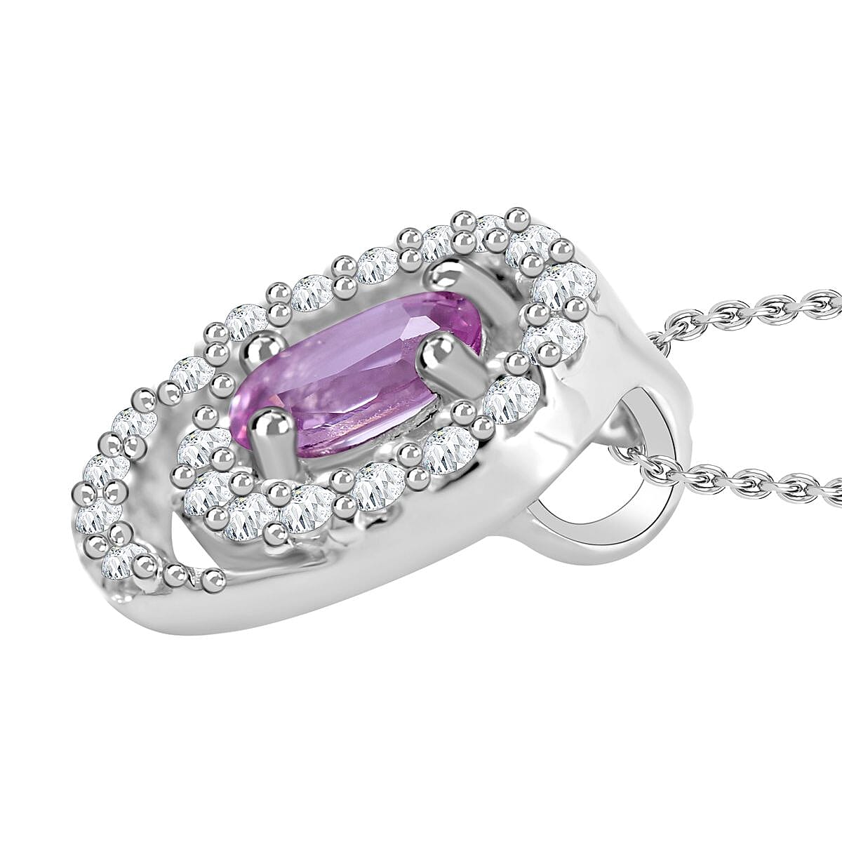 Madagaskar Pink Sapphire & Natural Zircon Pendant with Chain (Size 20) in Rhodium Overlay Sterling Silver