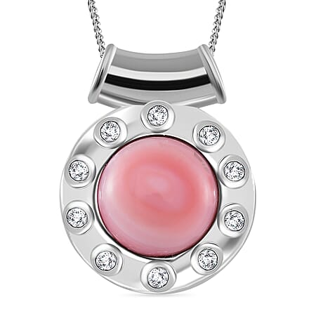 Pink Conch Shell, White Zircon Pendant with Chain (Size 18) in Platinum Overlay and Rhodium Overlay Sterling Silver, Silver Wt. 8.2 Gms  6.650  Ct.