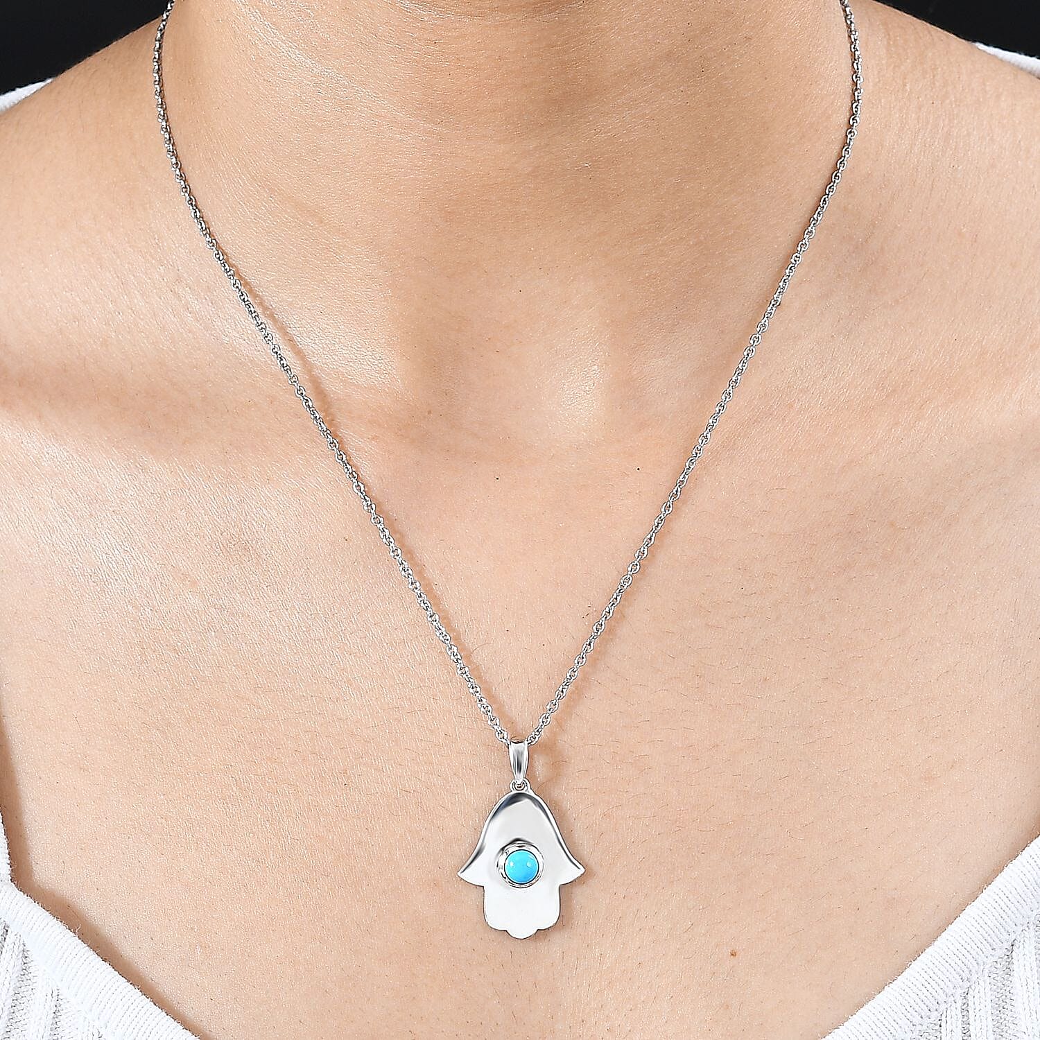 Arizona Sleeping Beauty Turquoise Hamsa Pendant with Chain (Size 20) in Rhodium Overlay Sterling Silver