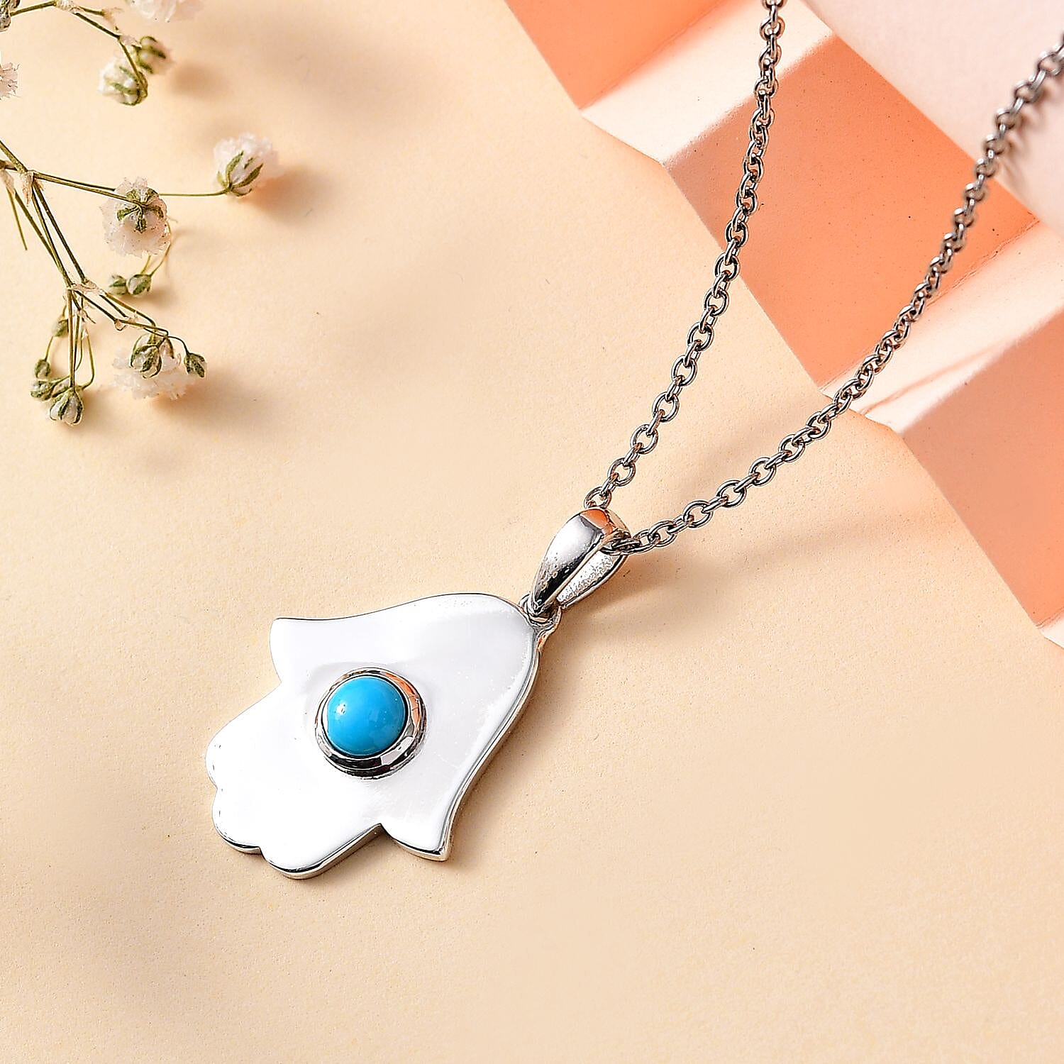 Arizona Sleeping Beauty Turquoise Hamsa Pendant with Chain (Size 20) in Rhodium Overlay Sterling Silver