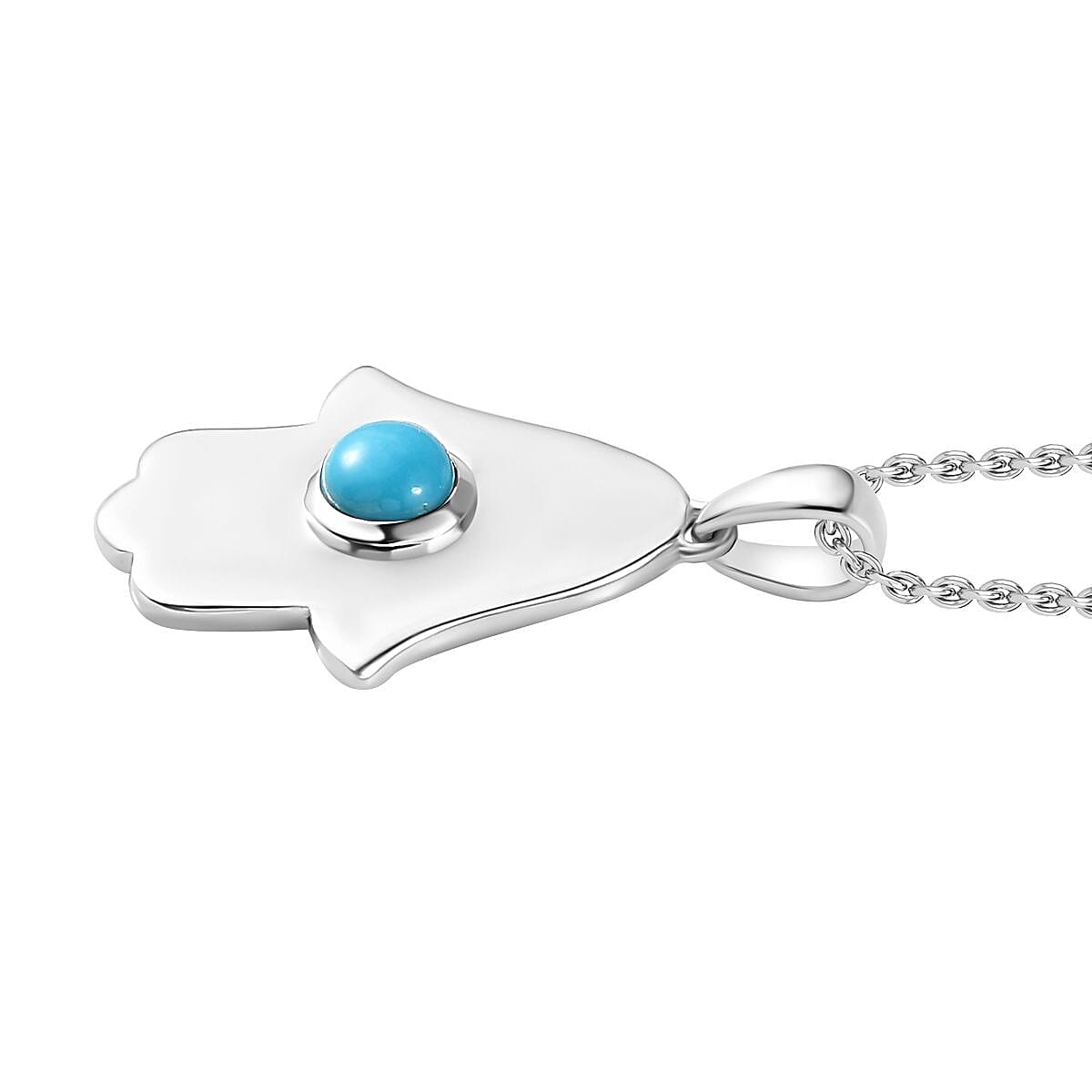 Arizona Sleeping Beauty Turquoise Hamsa Pendant with Chain (Size 20) in Rhodium Overlay Sterling Silver