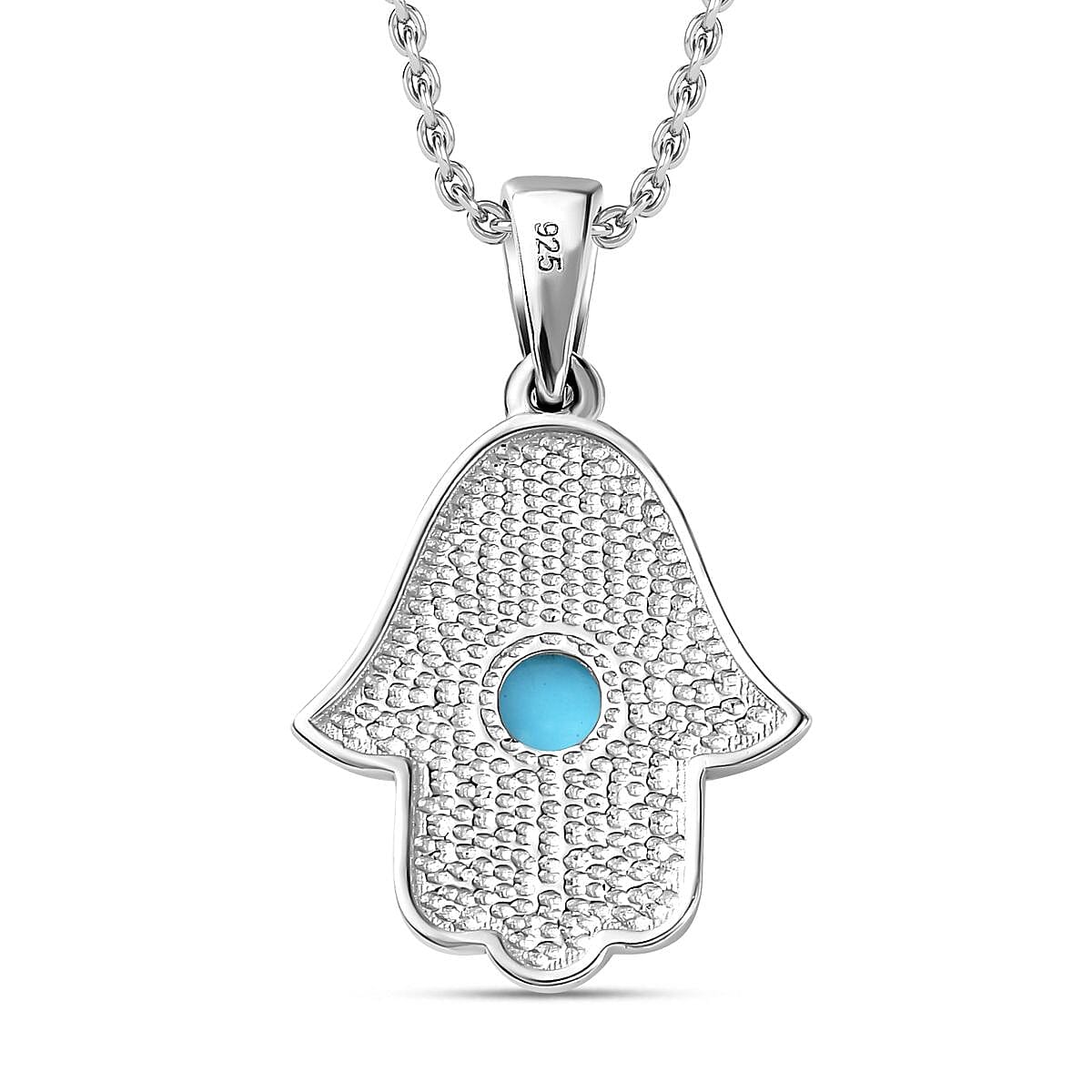 Arizona Sleeping Beauty Turquoise Hamsa Pendant with Chain (Size 20) in Rhodium Overlay Sterling Silver