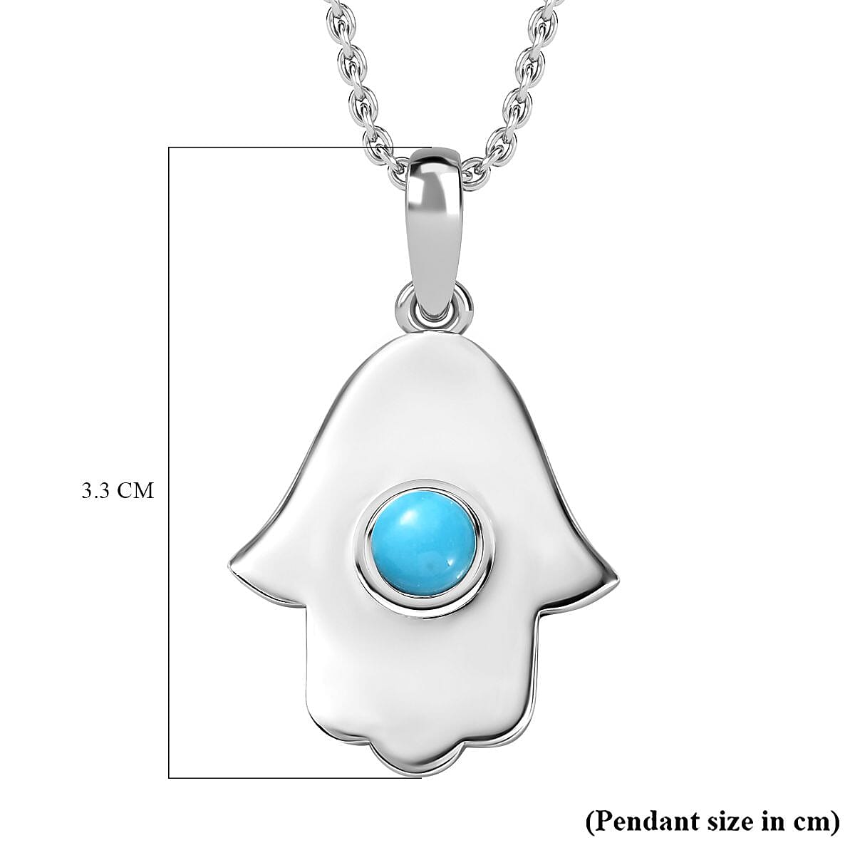 Arizona Sleeping Beauty Turquoise Hamsa Pendant with Chain (Size 20) in Rhodium Overlay Sterling Silver