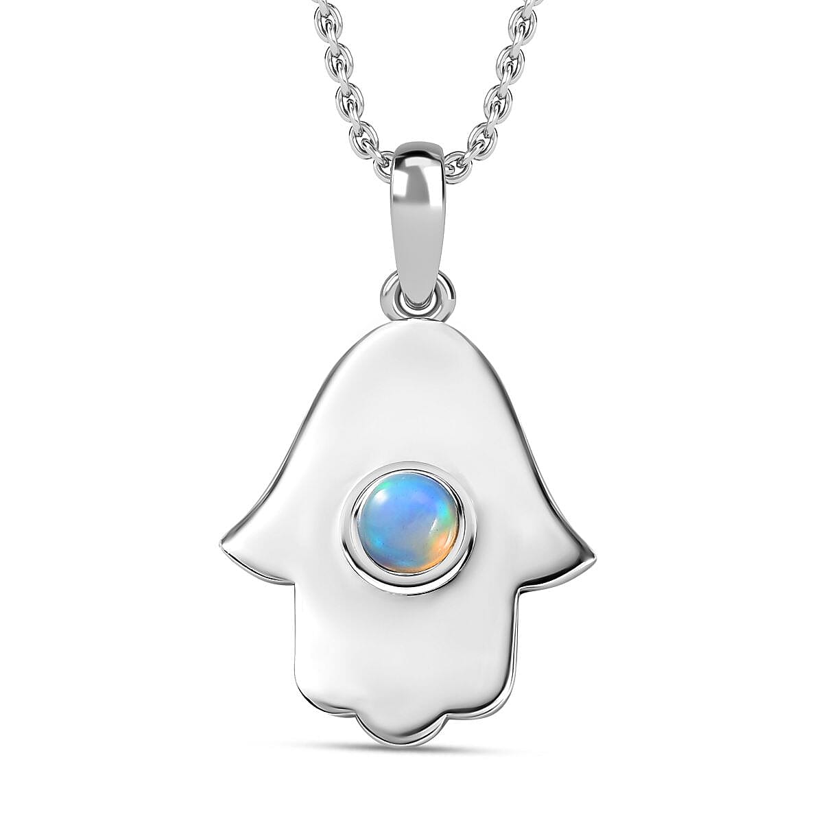 Ethiopian Welo Opal Hamsa Pendant with Chain (Size 20) in Rhodium Overlay Sterling Silver